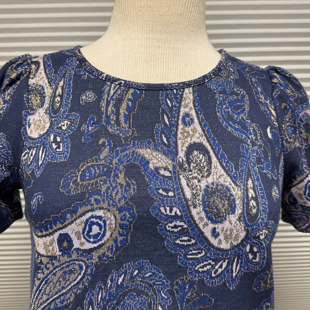 Anthropologie Demeter Blue Paisley Sparkly Puff Short Sleeve Knit Top Size XS